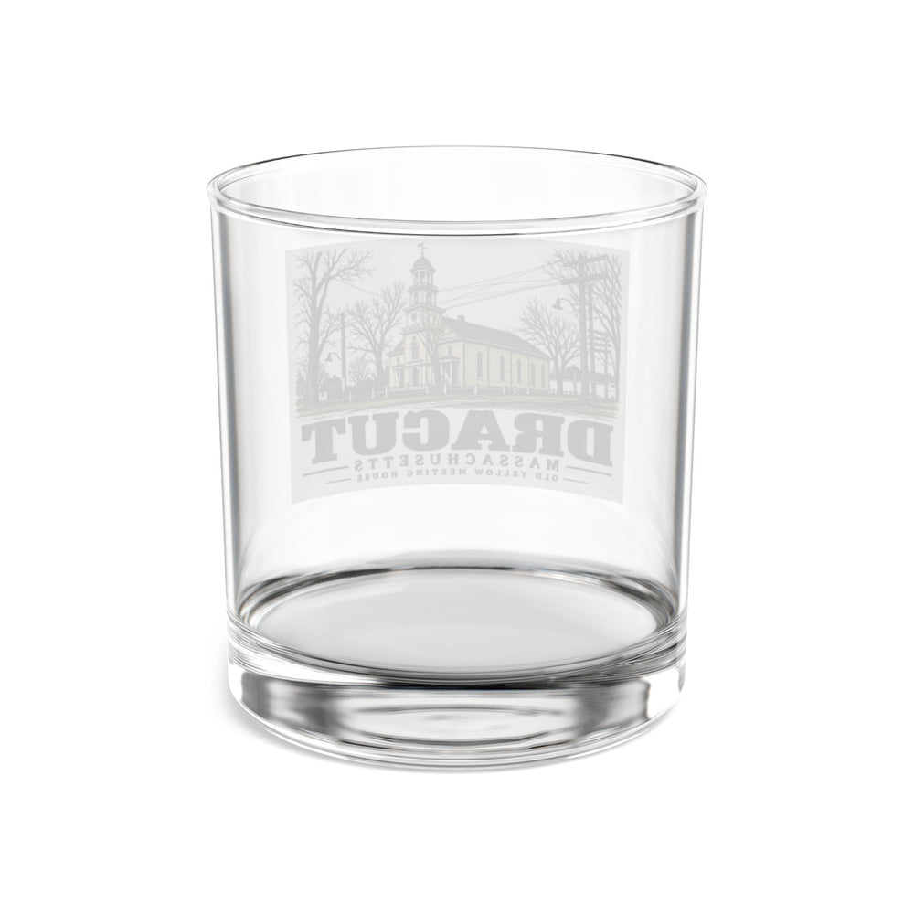 Old Yellow Meeting House, Dracut illustration on 10 oz rocks glass — rear view through clear glass