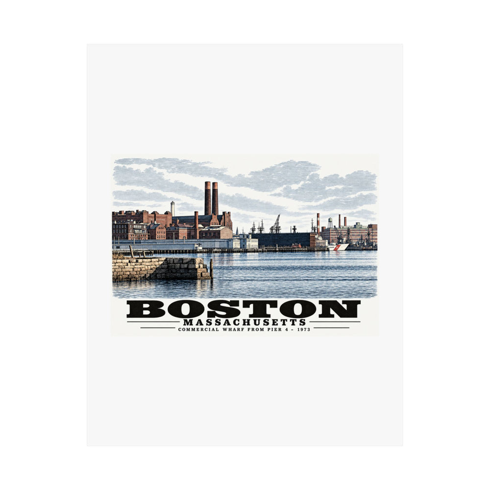 Flat Commercial Wharf waterfront buildings, twin chimneys and harbor water poster with Boston lettering