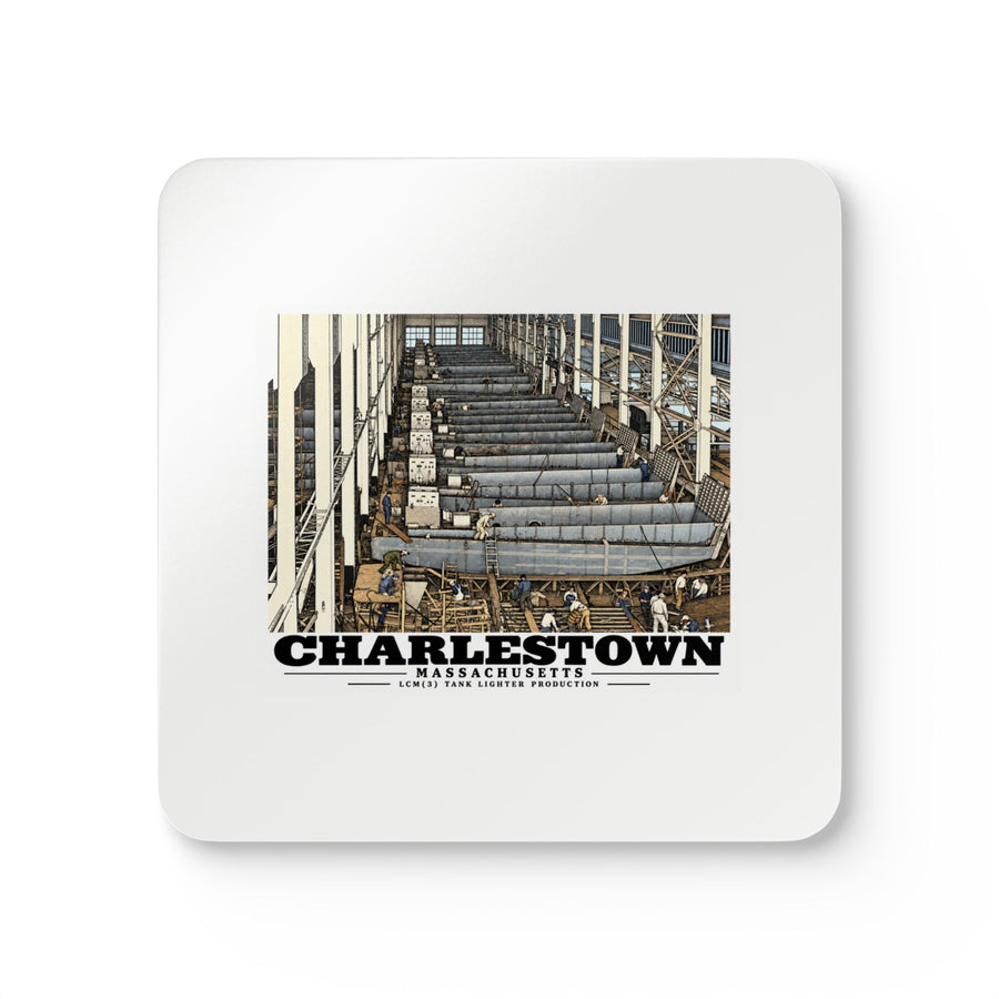 Front of four-piece coaster set with landing-craft production line artwork and Charlestown lettering