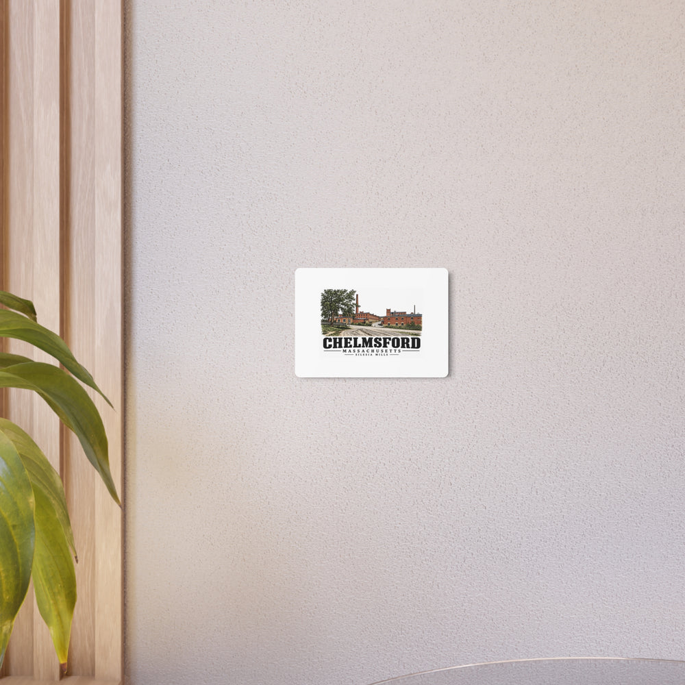 Interior wall display of Silesia Mills metal wall art, with Chelmsford, Massachusetts artwork and lettering.