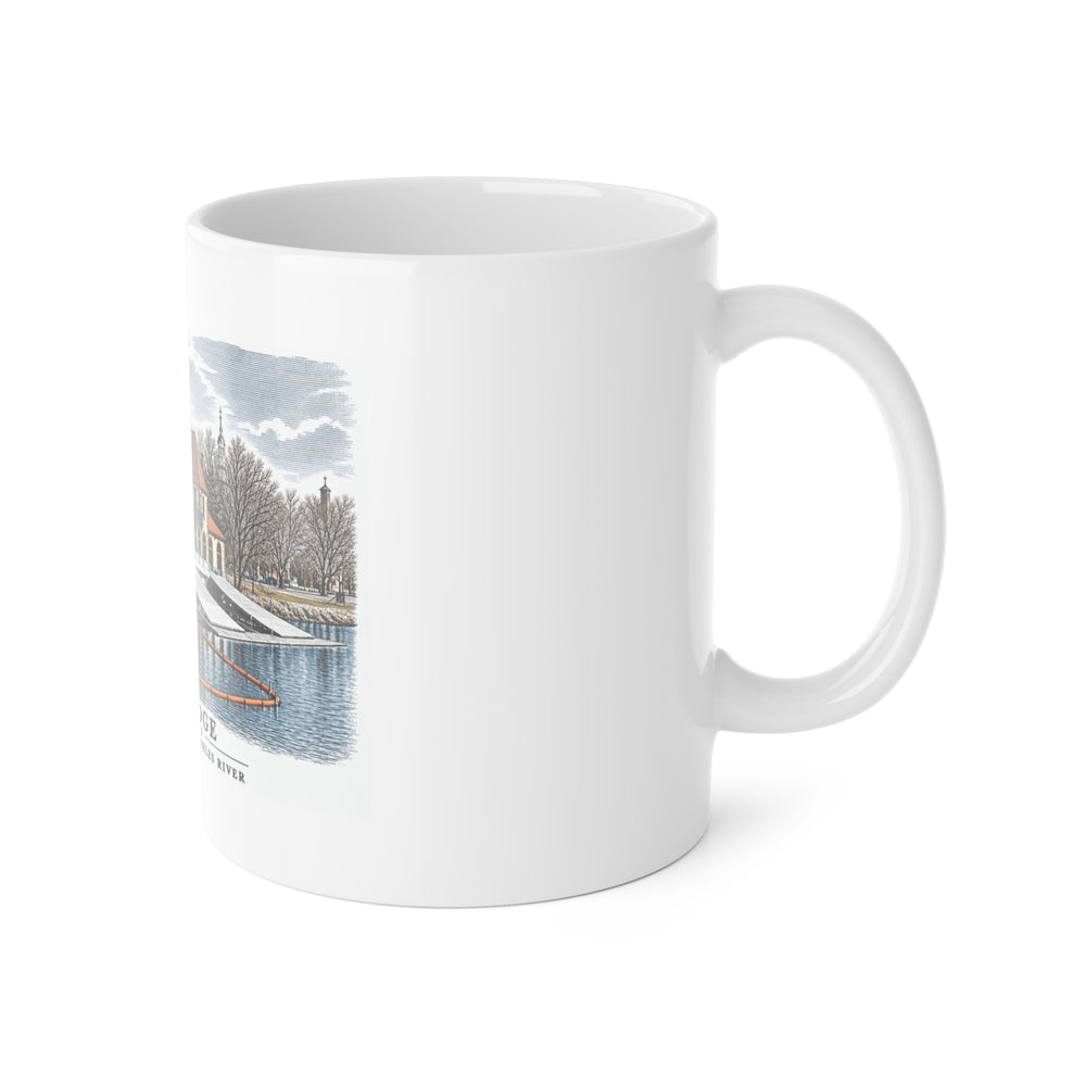 Weld Boathouse, 971 Memorial Drive, beside Anderson Bridge 11 oz White Ceramic Mug - Charles River