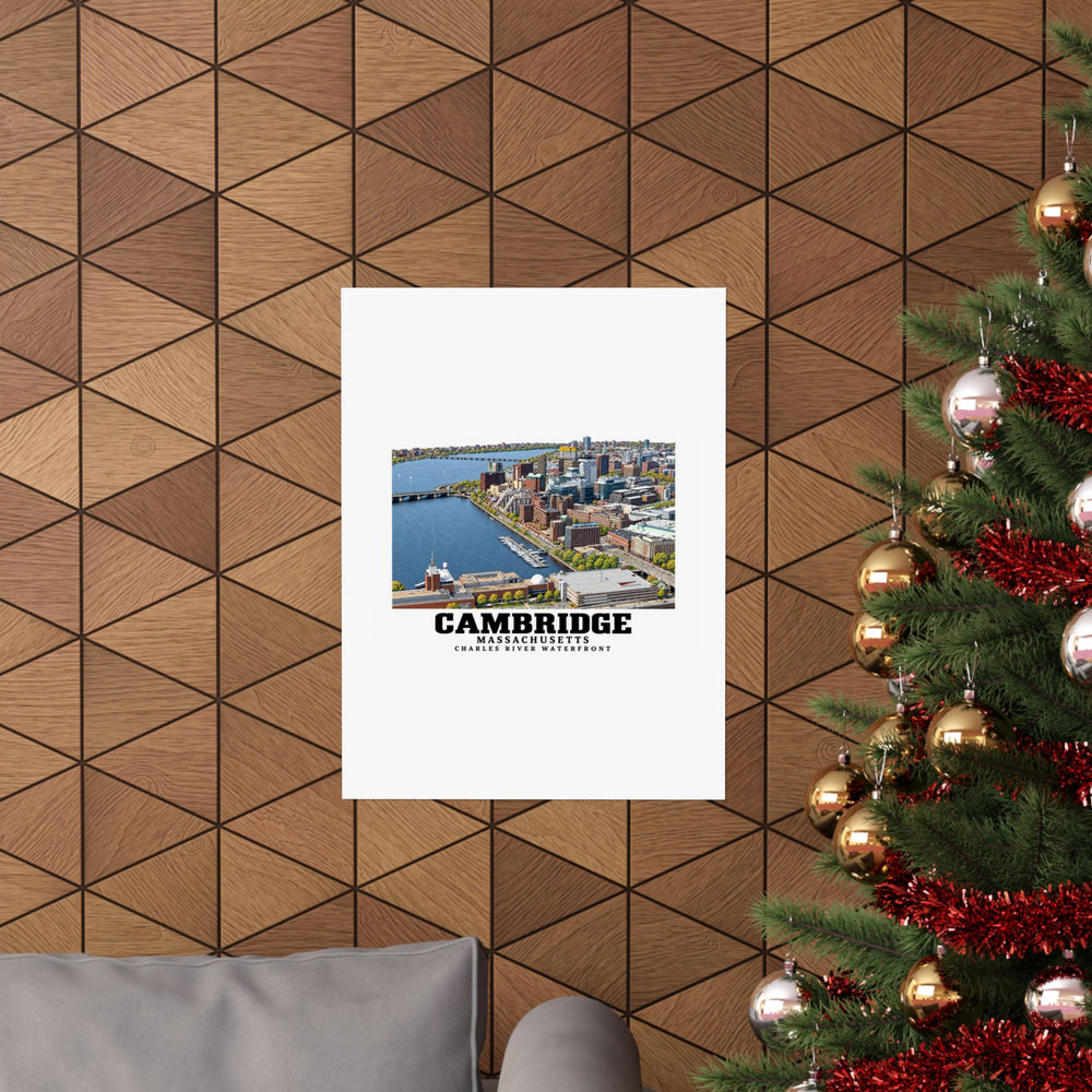 Cambridge Charles River waterfront aerial city view poster on a wood wall beside a decorated evergreen