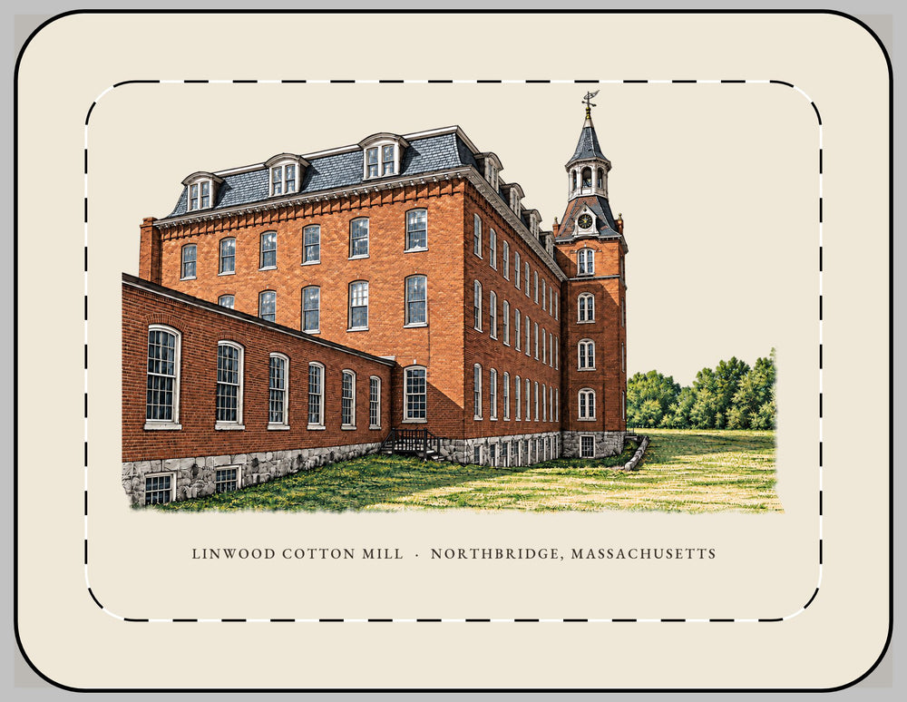 Northbridge Linwood Cotton Mill 13-inch laptop sleeve mockup showing the full illustrated print