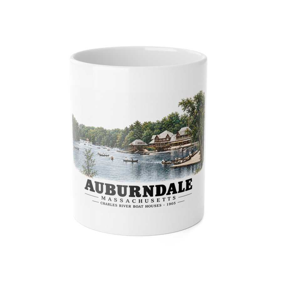 Norumbega Park shore, Charles River Lakes District, Auburndale 11 oz White Ceramic Mug - Charles River