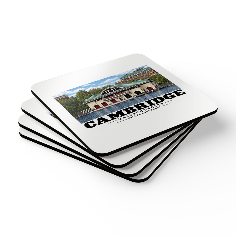Angled stack of four coasters showing Cambridge DeWolfe Boathouse artwork.