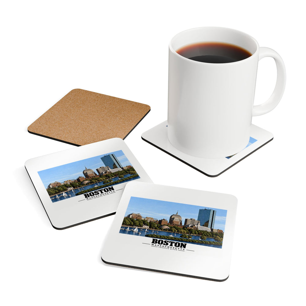 Illustrated St. Charles River view of Boston, Massachusetts in Boston and Cambridge on corkwood coaster set