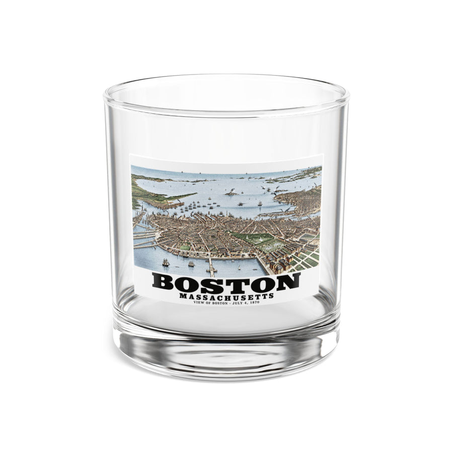 Clear rocks glass showing historic Boston harbor panorama with boats and waterfront buildings artwork and Boston lettering