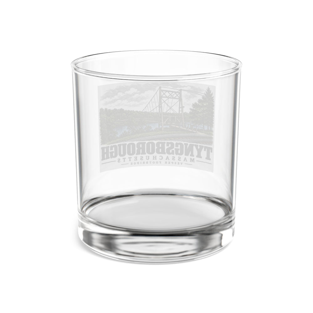 Transparent reverse of Vesper Footbridge rocks glass, with Tyngsborough, Massachusetts artwork and lettering.
