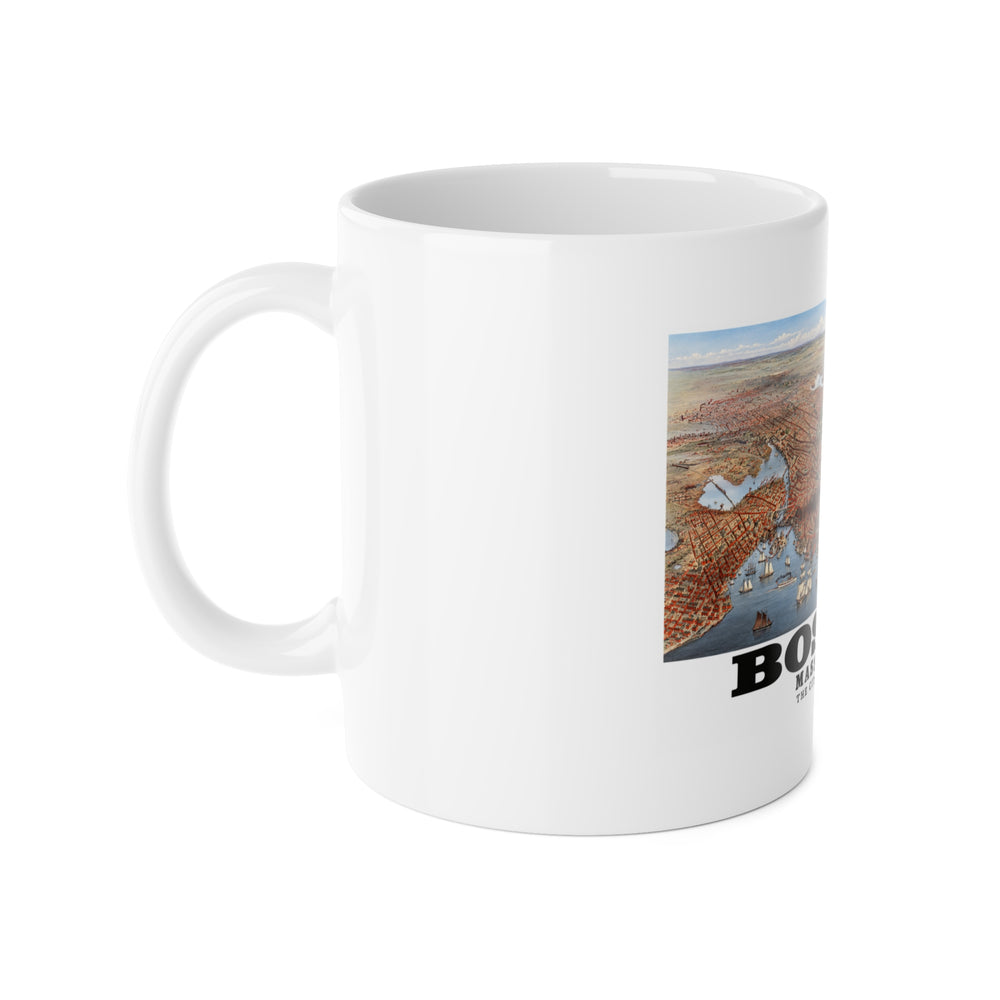White mug with handle at left and part of the historic Boston city and waterways bird-eye panorama print at right