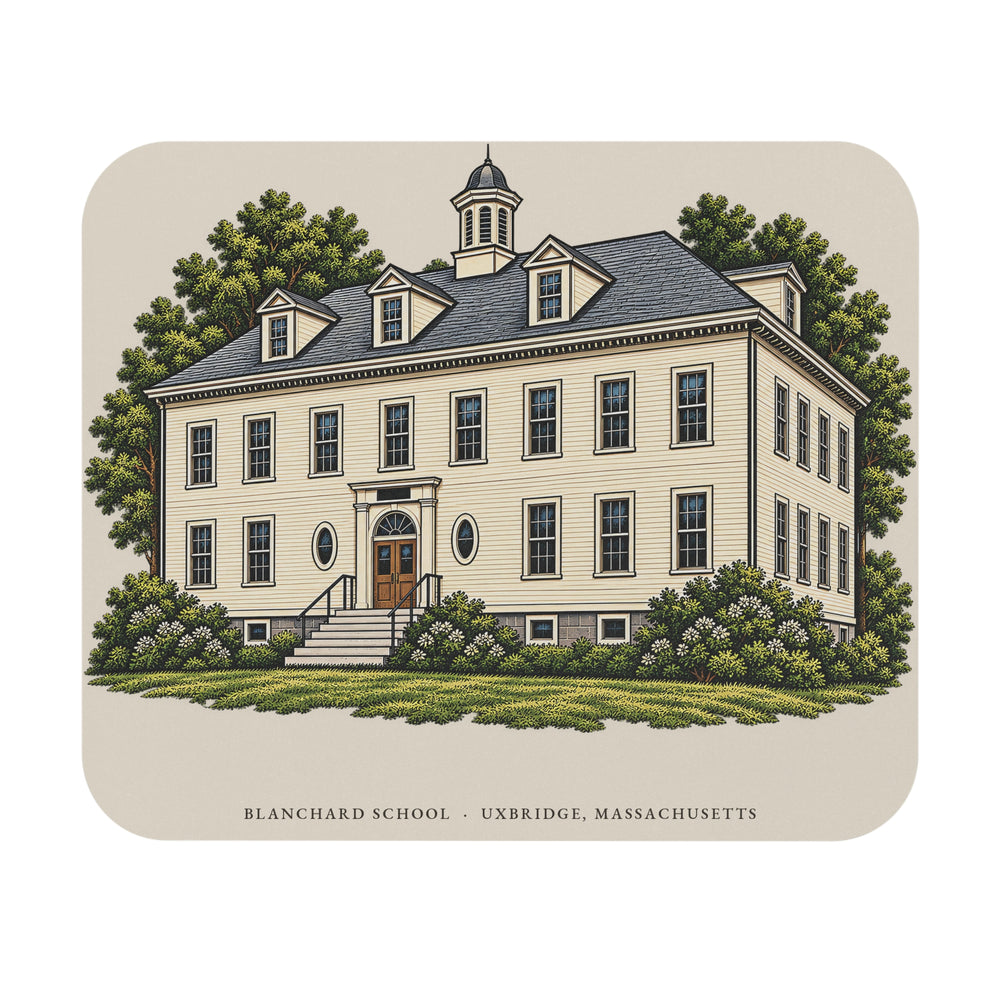 Uxbridge Blanchard School mouse pad mockup showing the full illustrated print