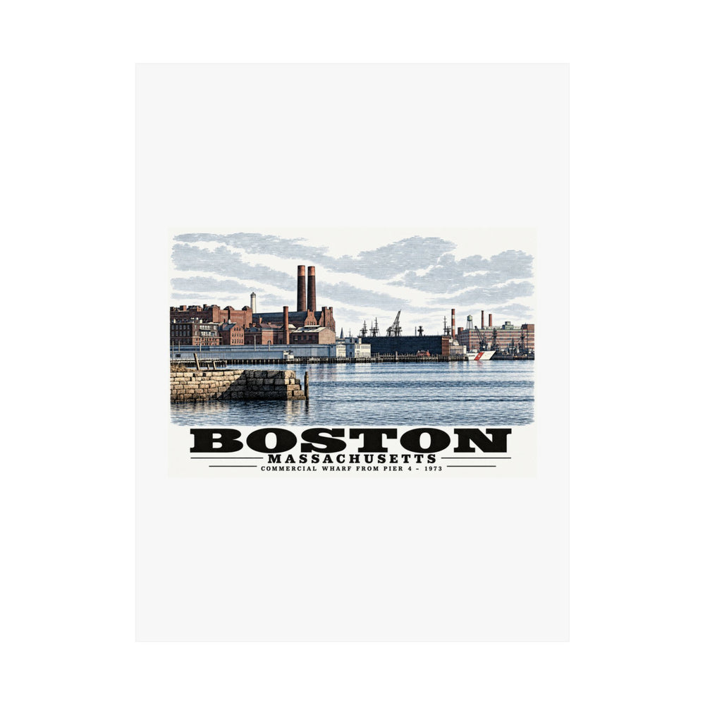 Flat Commercial Wharf waterfront buildings, twin chimneys and harbor water poster with Boston lettering