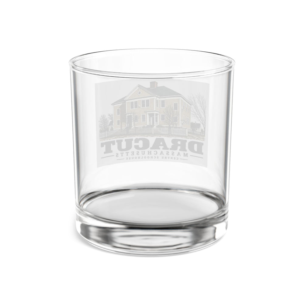Transparent reverse of Centre Schoolhouse rocks glass, with Dracut, Massachusetts artwork and lettering.