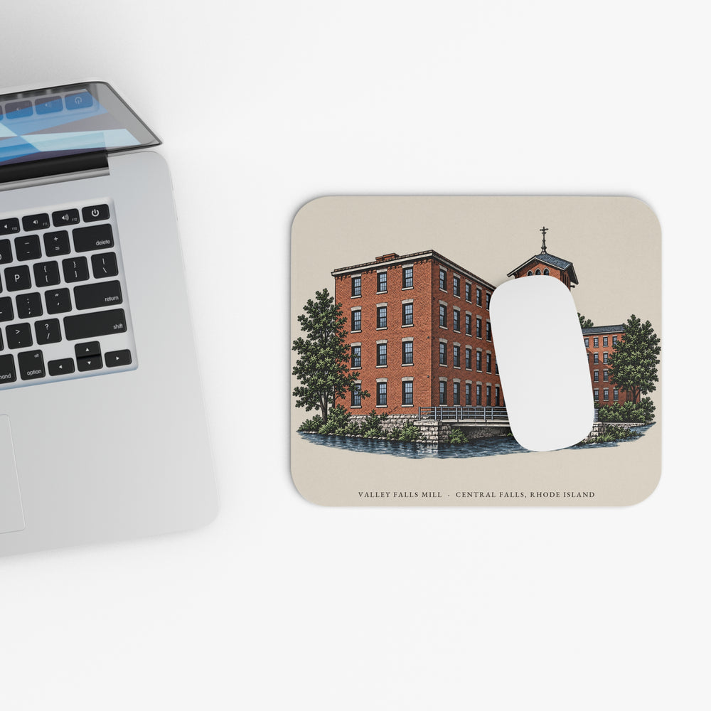 Central Falls Valley Falls Mill mouse pad mockup showing the full illustrated print