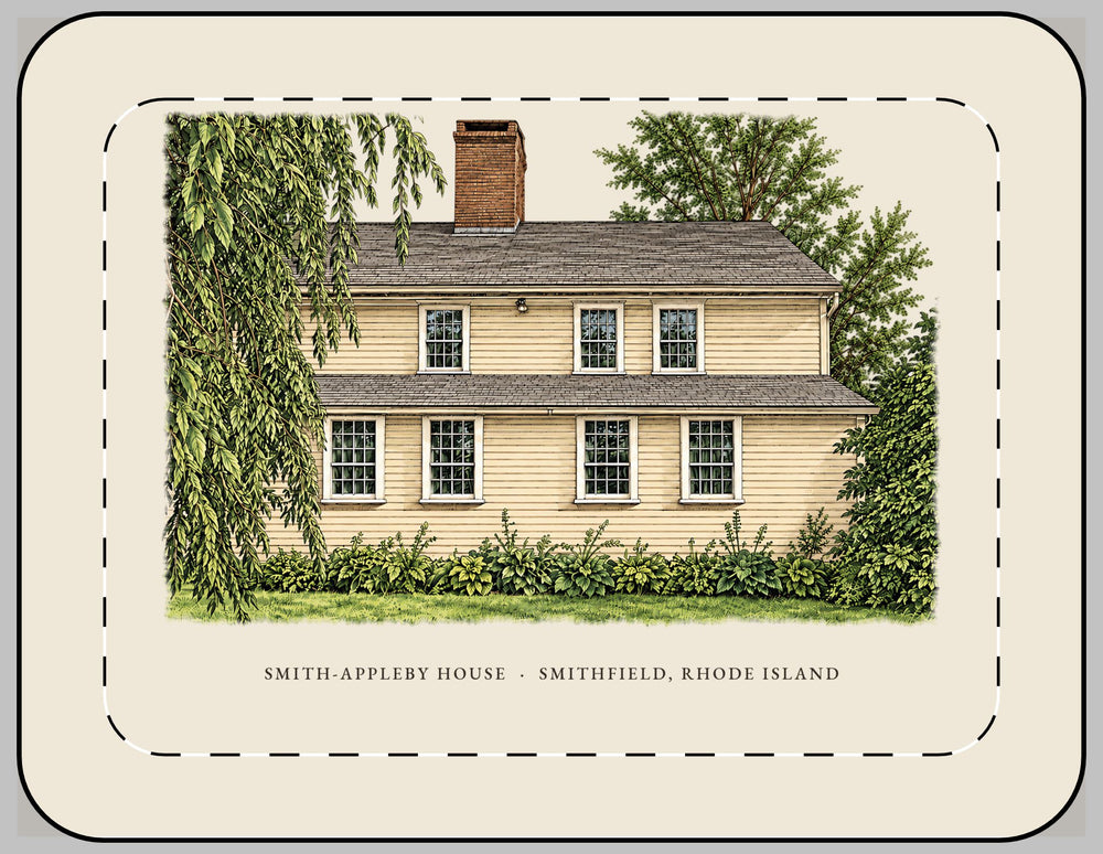 Smithfield Smith-Appleby House 13-inch laptop sleeve mockup showing the full illustrated print