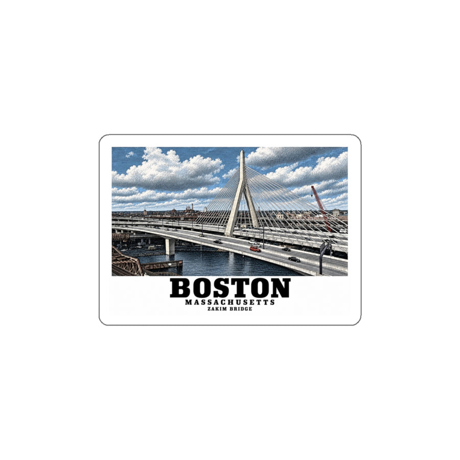 White bordered sticker showing Zakim Bunker Hill Bridge cable-stayed towers and Charles River artwork and Boston lettering