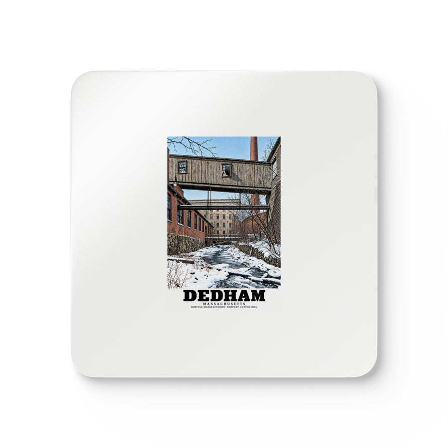 Illustrated Norfolk Manufacturing Company Cotton Mill in Dedham on corkwood coaster set
