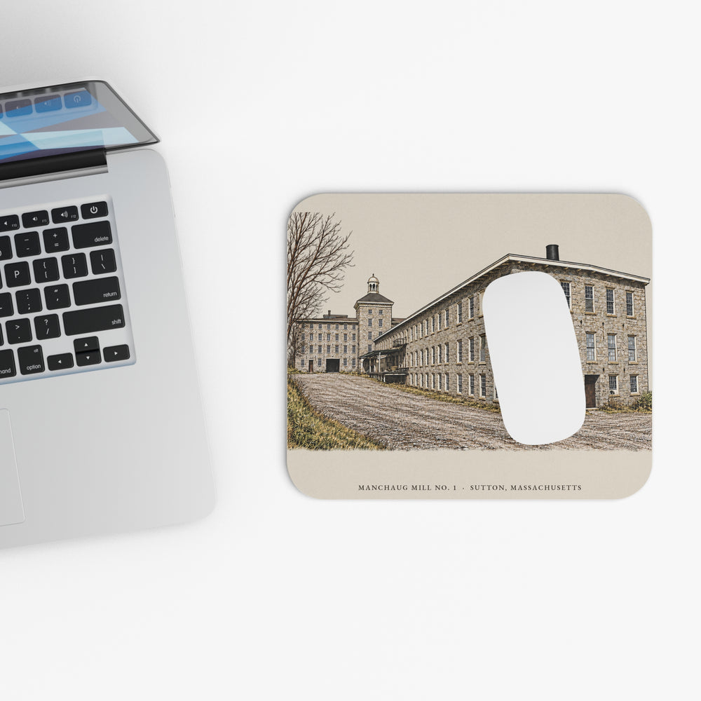 Sutton Manchaug Mill No. 1 mouse pad mockup showing the full illustrated print