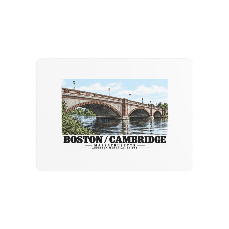 Metal wall print showing Anderson Memorial Bridge close arch view artwork and Boston/Cambridge lettering