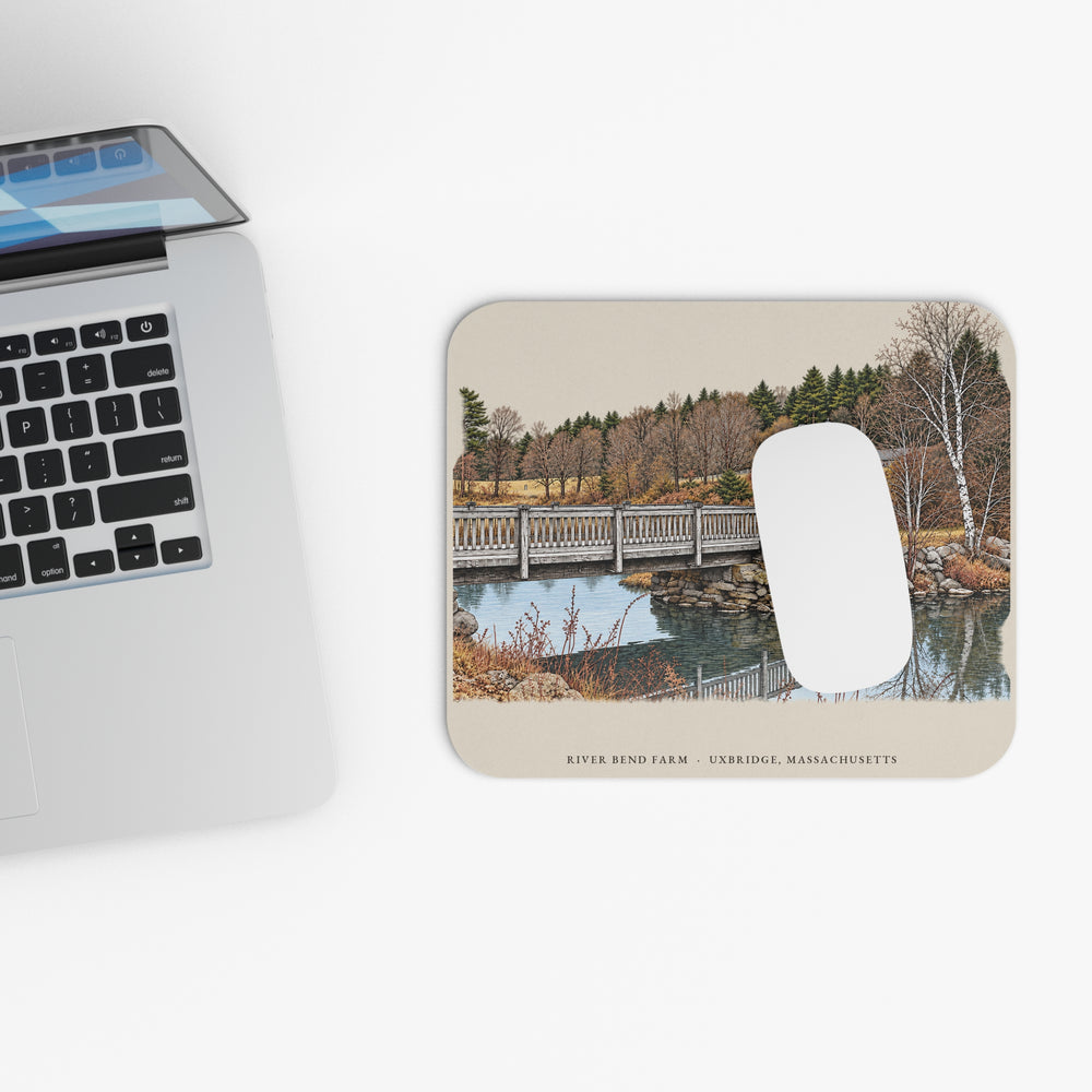 Uxbridge River Bend Farm mouse pad mockup showing the full illustrated print