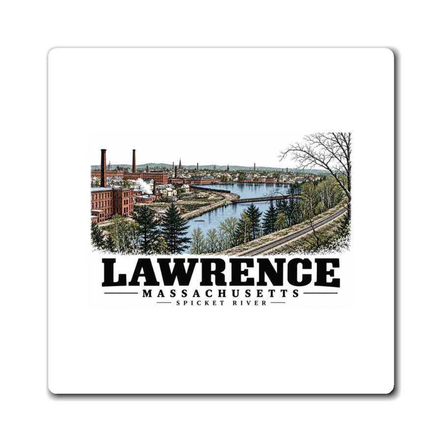 Front of Spicket River Factories square magnet, with Lawrence, Massachusetts artwork and lettering.