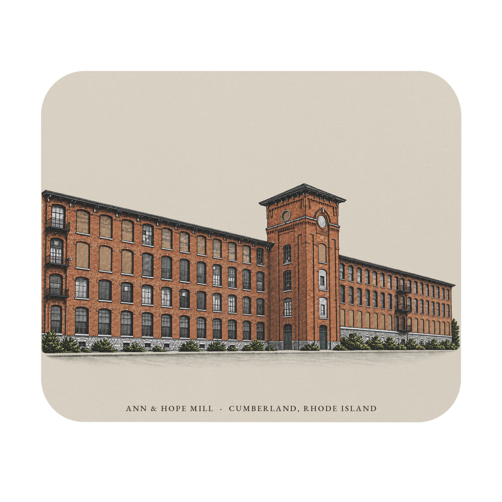 Cumberland Ann & Hope Mill mouse pad mockup showing the full illustrated print