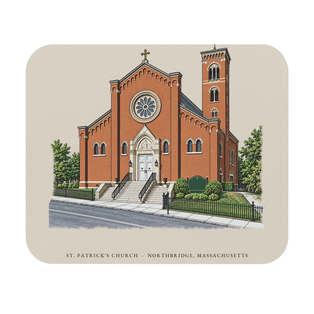 Northbridge St. Patrick's Church mouse pad mockup showing the full illustrated print