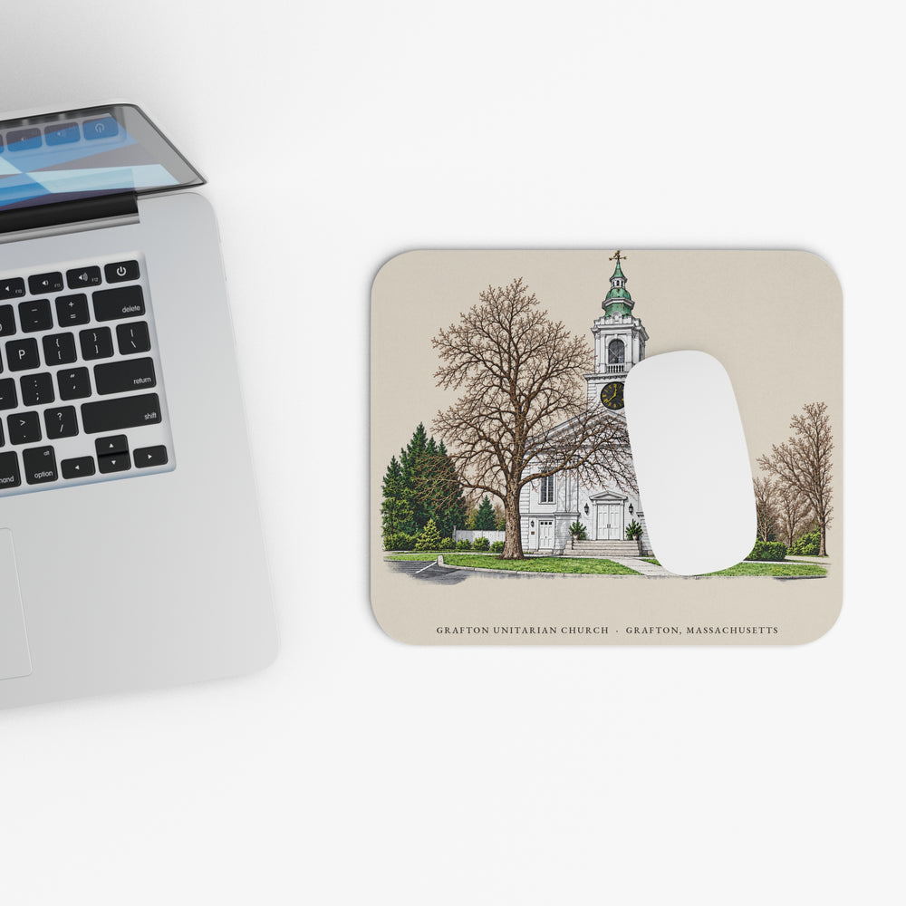 Grafton Unitarian Church at Grafton Common mouse pad mockup showing the full illustrated print