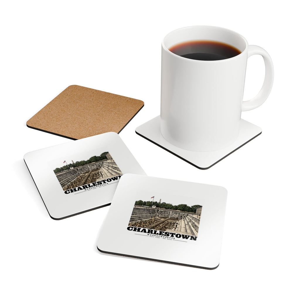 Dry-dock coasters shown beside cup with printed fronts and cork back