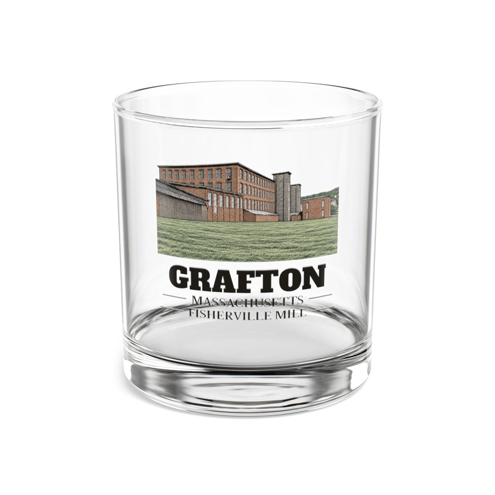 Front view of the Grafton Fisherville Mill artwork printed on a clear 10 oz rocks glass