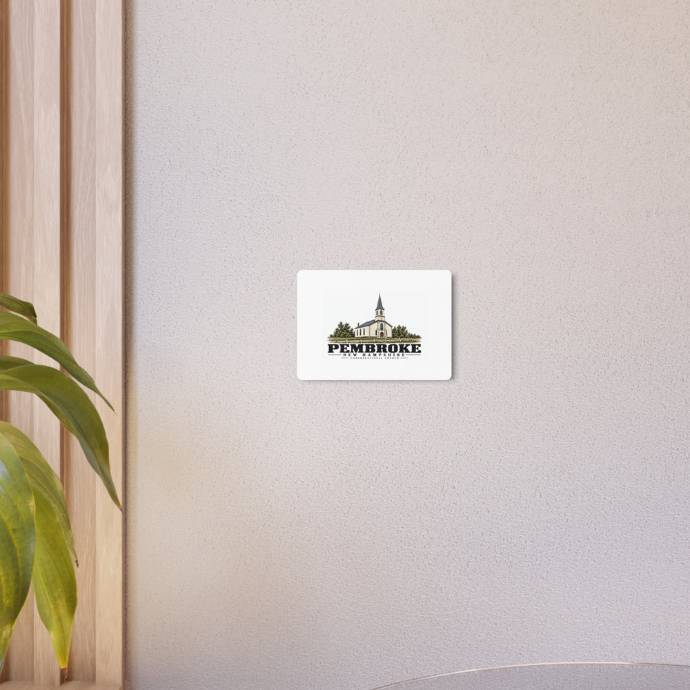 Interior wall display of Congregational Church metal wall art, with Pembroke, New Hampshire artwork and lettering.