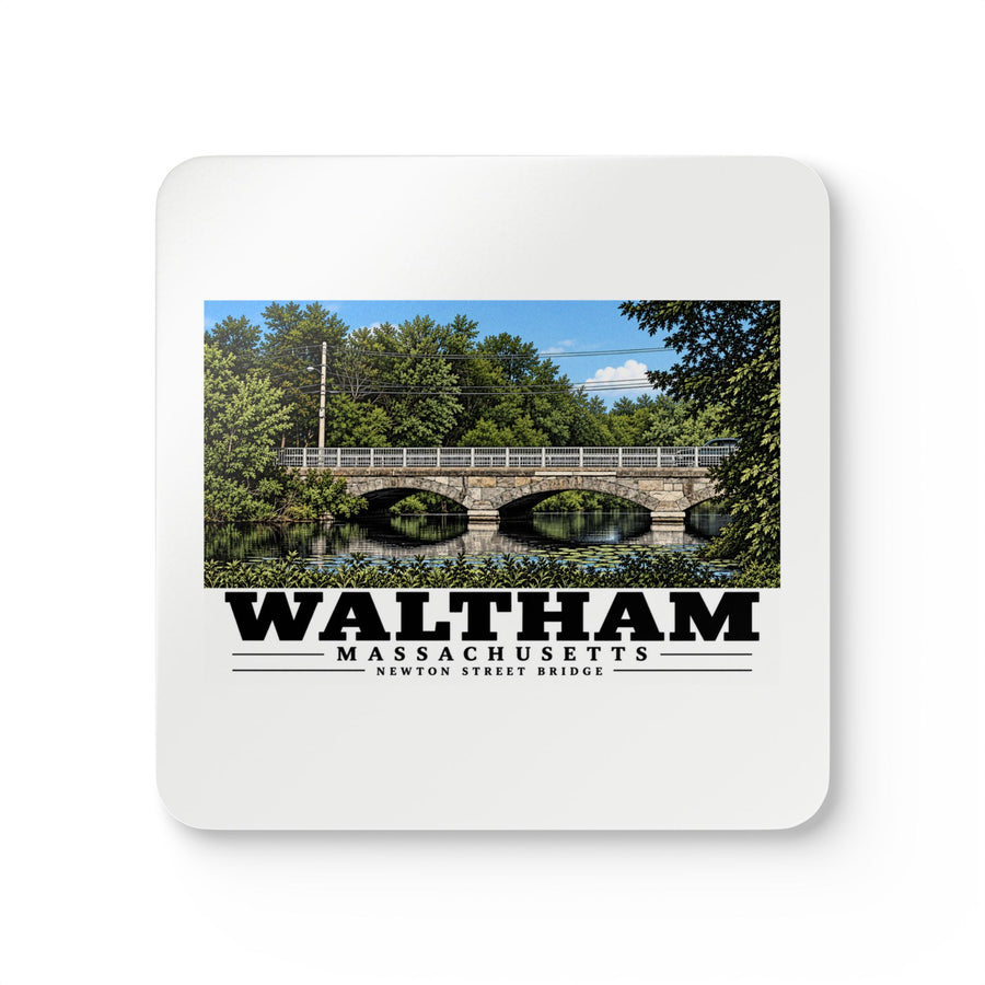 Front view of a cork-backed coaster with Waltham Newton Street Bridge artwork.