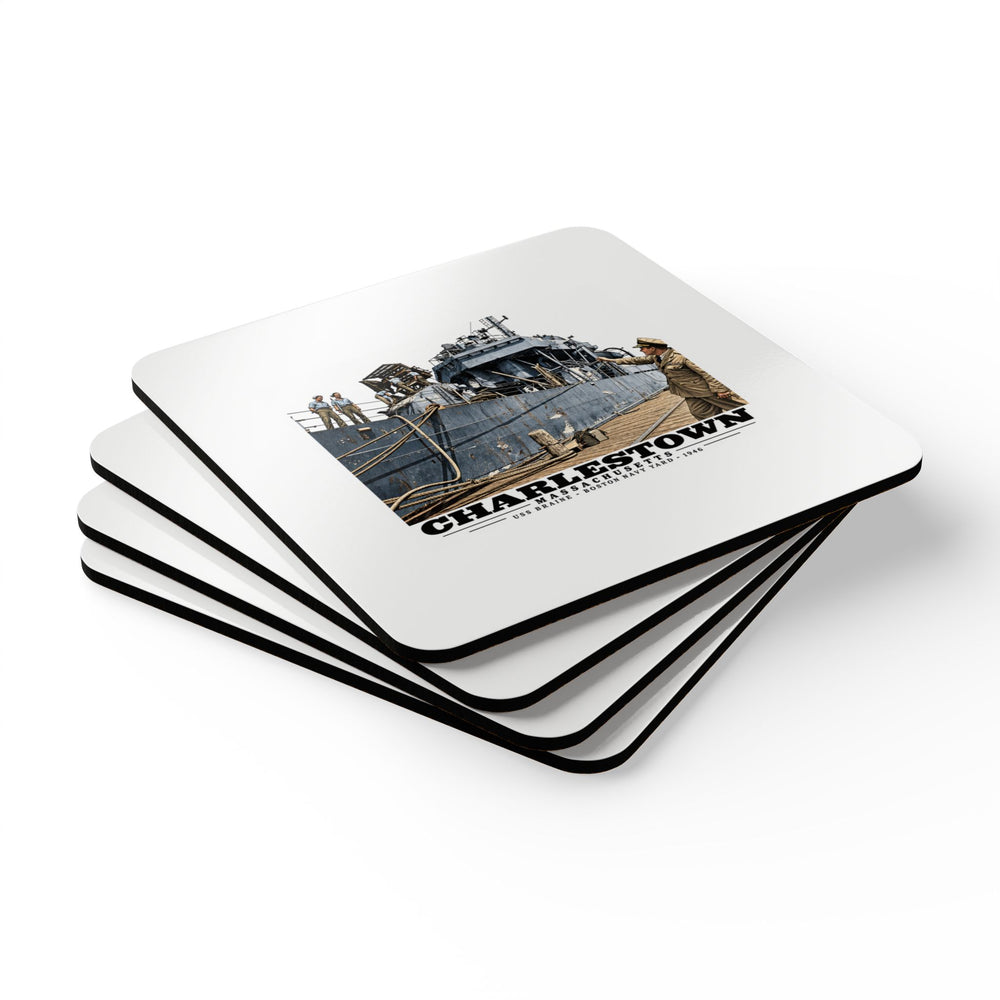Illustrated USS Braine at Boston Navy Yard in Charlestown on corkwood coaster set