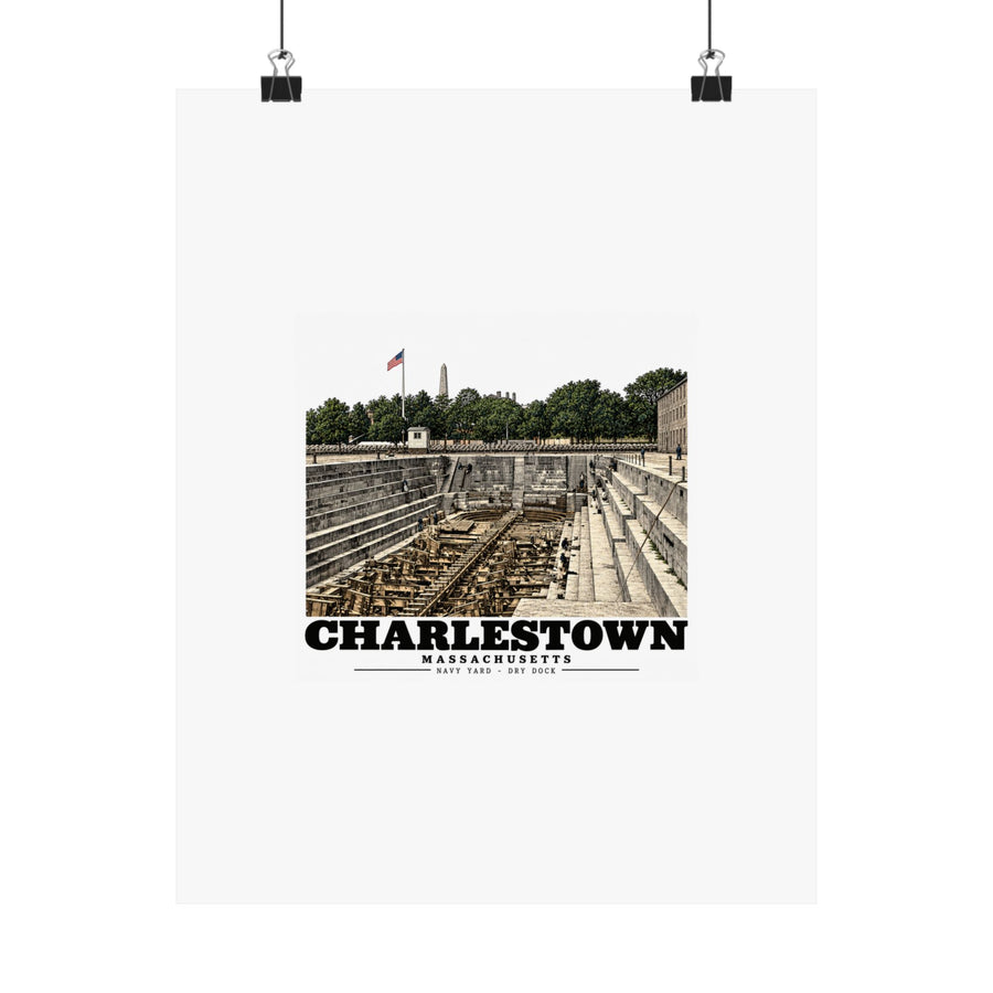 11 x 14 inch matte poster hanging from clips with dry-dock and Charlestown artwork