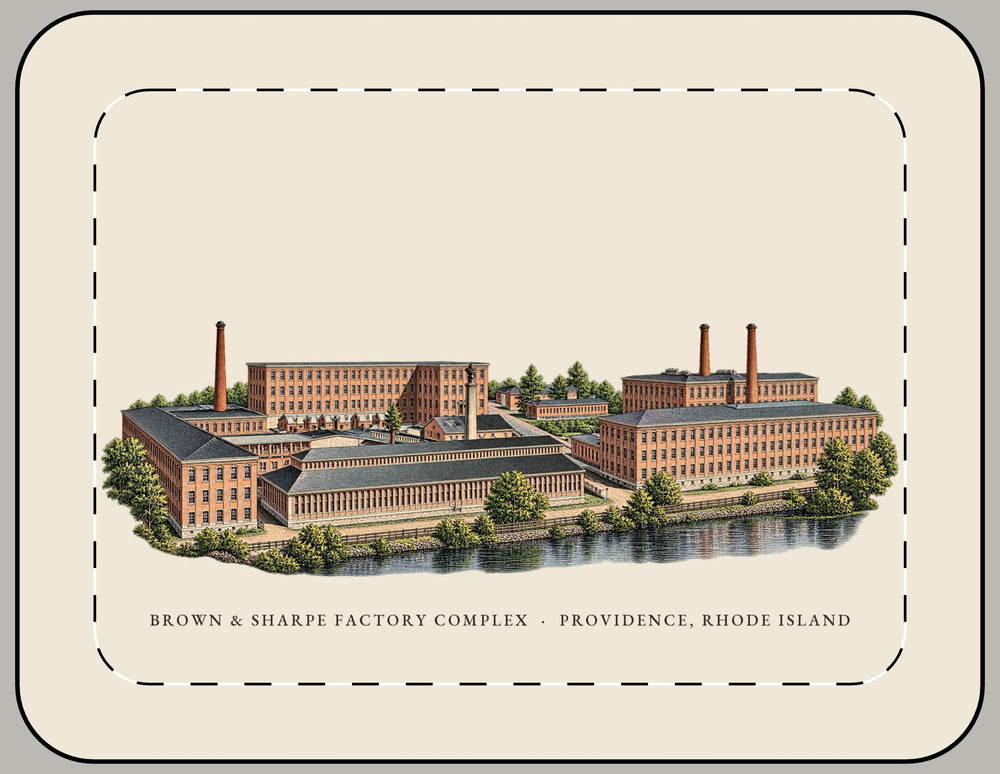 Providence Brown & Sharpe Factory Complex 15-inch laptop sleeve mockup showing the full illustrated print