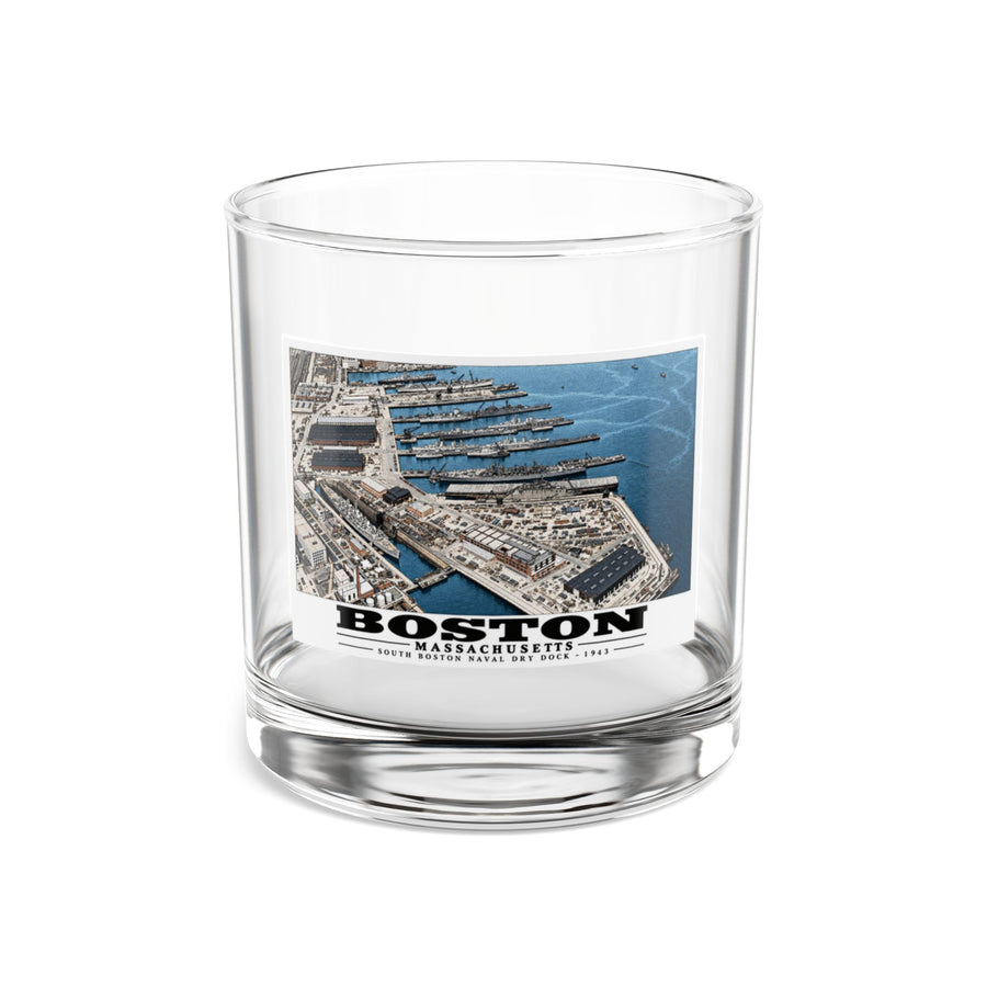 Aerial view of US Naval Dry Dock-BB-61 USS IOWA in dry dock #3-USS BUNKER HILL at East Jetty-AP-21 USS WAKEFIELD at pier 10 oz Rocks Glass - Boston Harbor