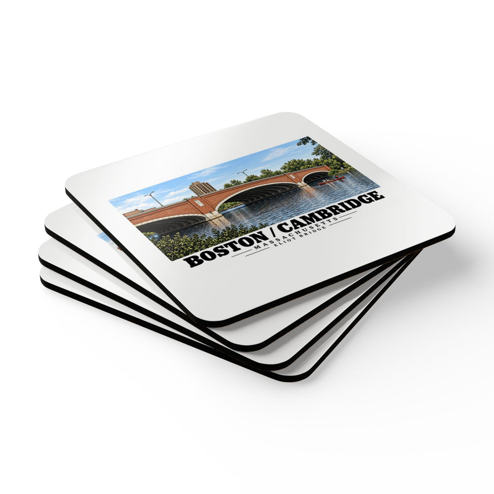 Stack of square coasters with Eliot Bridge red brick arches and boats artwork visible on the top coaster
