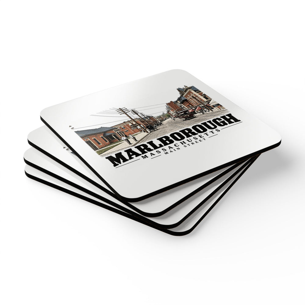 Illustrated Main Street in Marlborough on corkwood coaster set