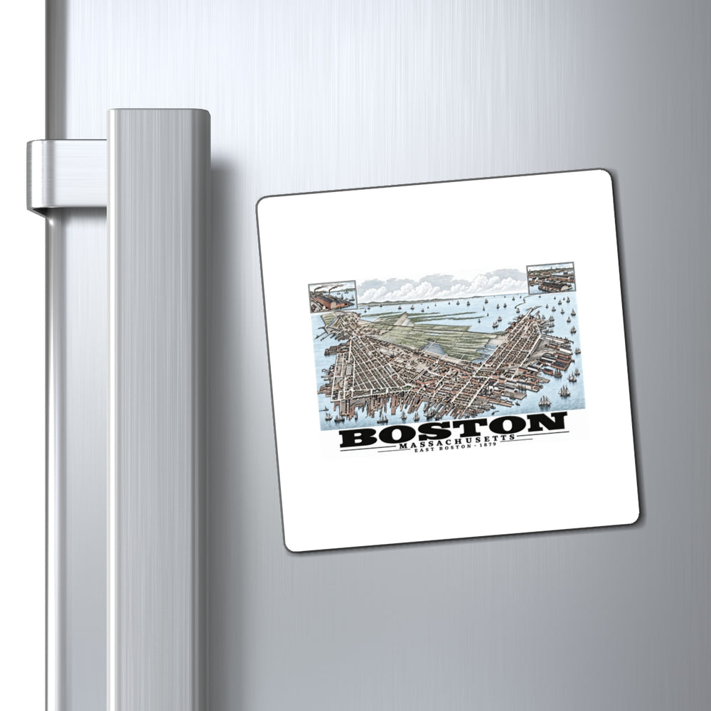 East Boston bird-eye city and harbor panorama with inset views magnet on a refrigerator beside its handle