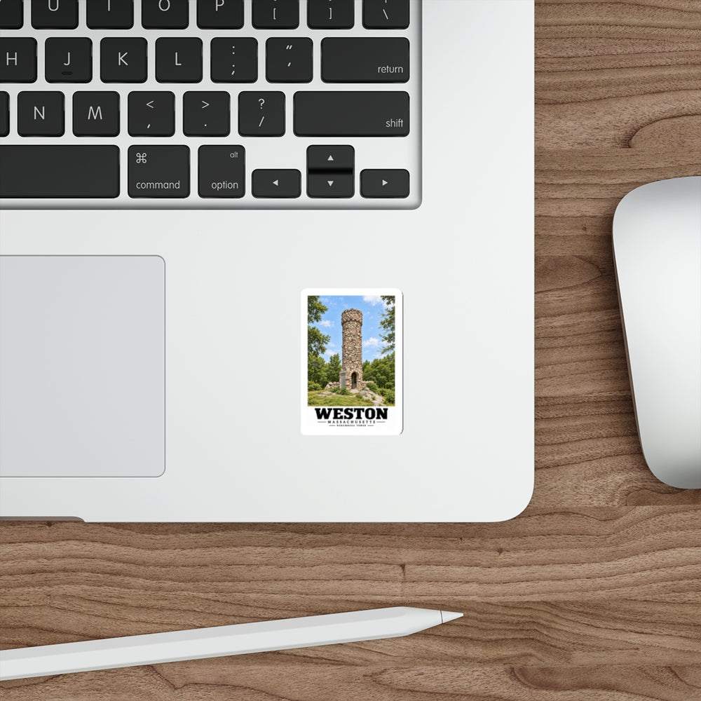 Illustrated Norumbega Tower in Weston on die-cut sticker