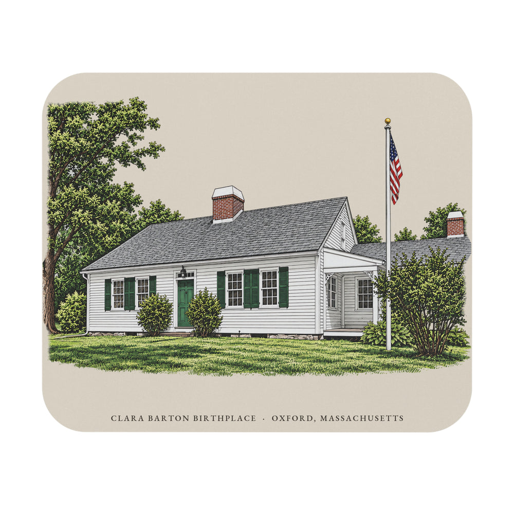Oxford Clara Barton Birthplace mouse pad mockup showing the full illustrated print