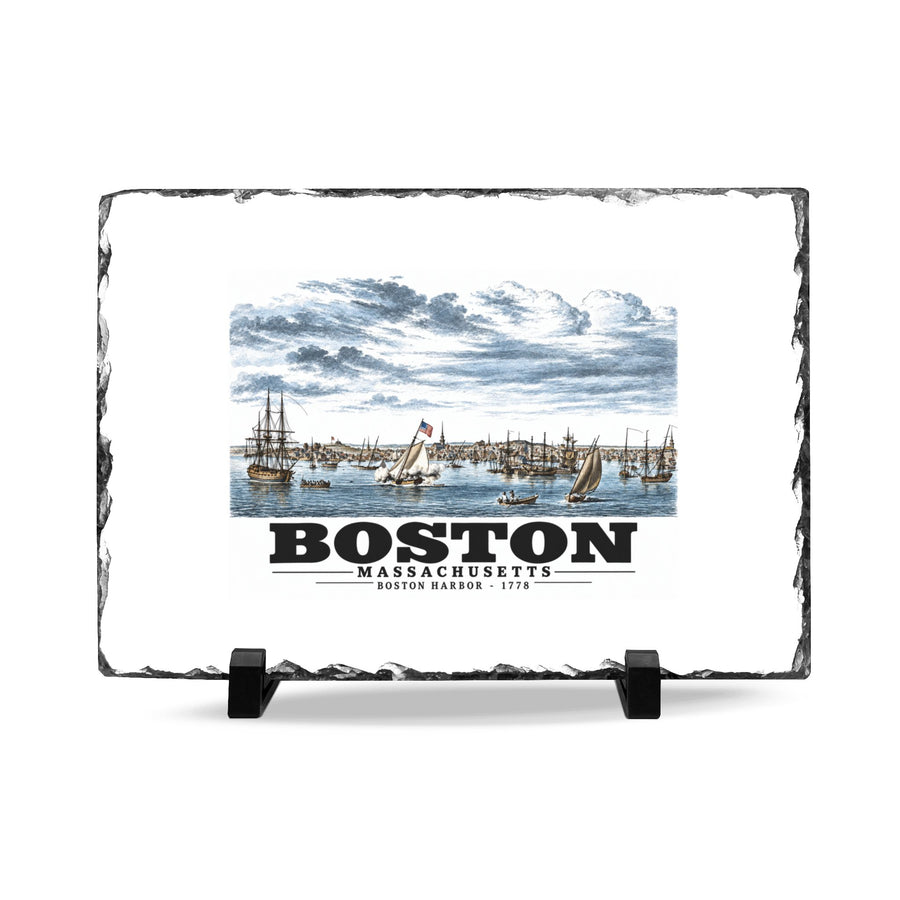 Rough-edged slate display on two black stands with Boston Harbor waterfront scene with sailing ships artwork and Boston lettering