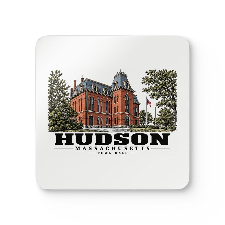 Illustrated Town Hall in Hudson on corkwood coaster set