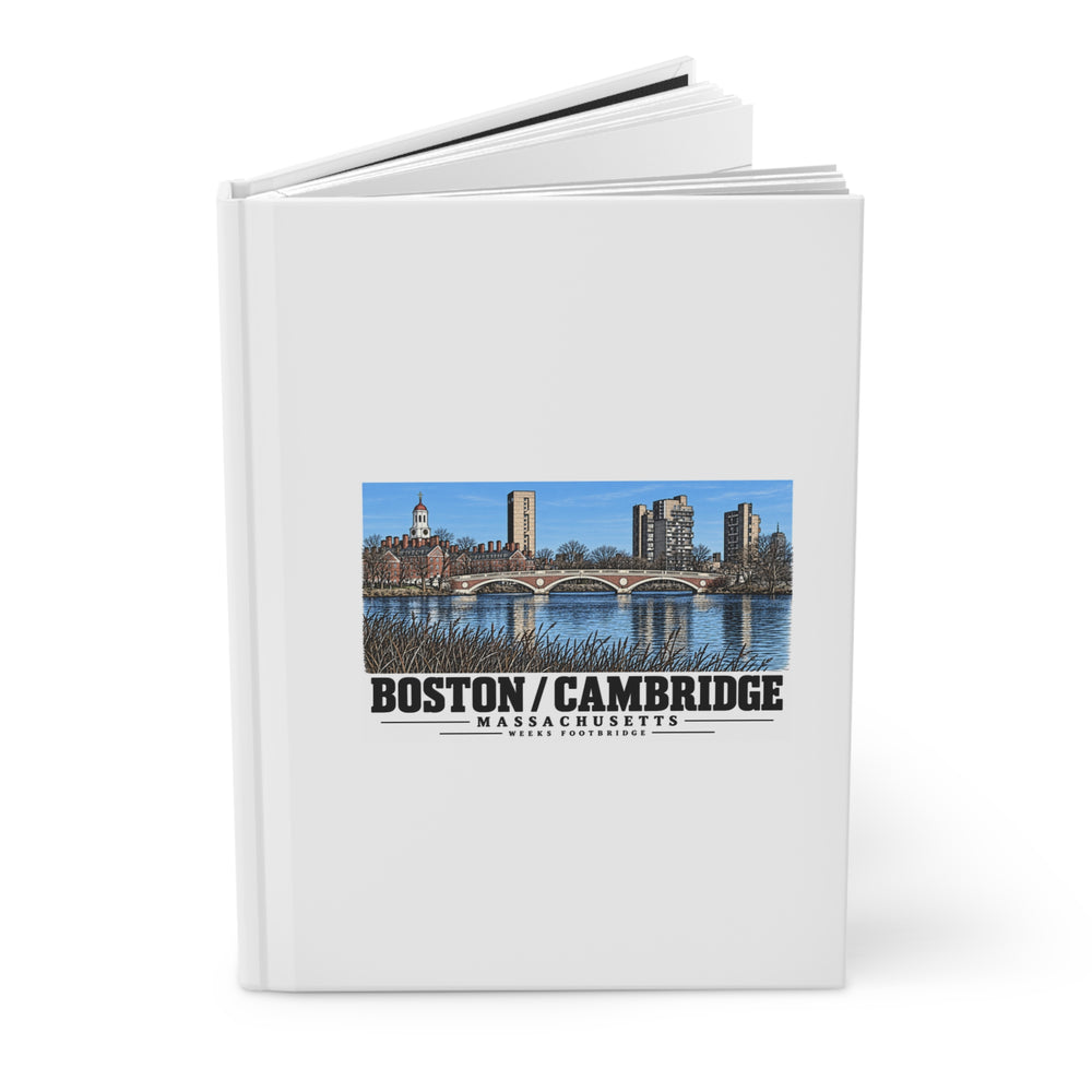Partly opened white hardcover journal showing Weeks Footbridge stone arches and riverside towers artwork on the front