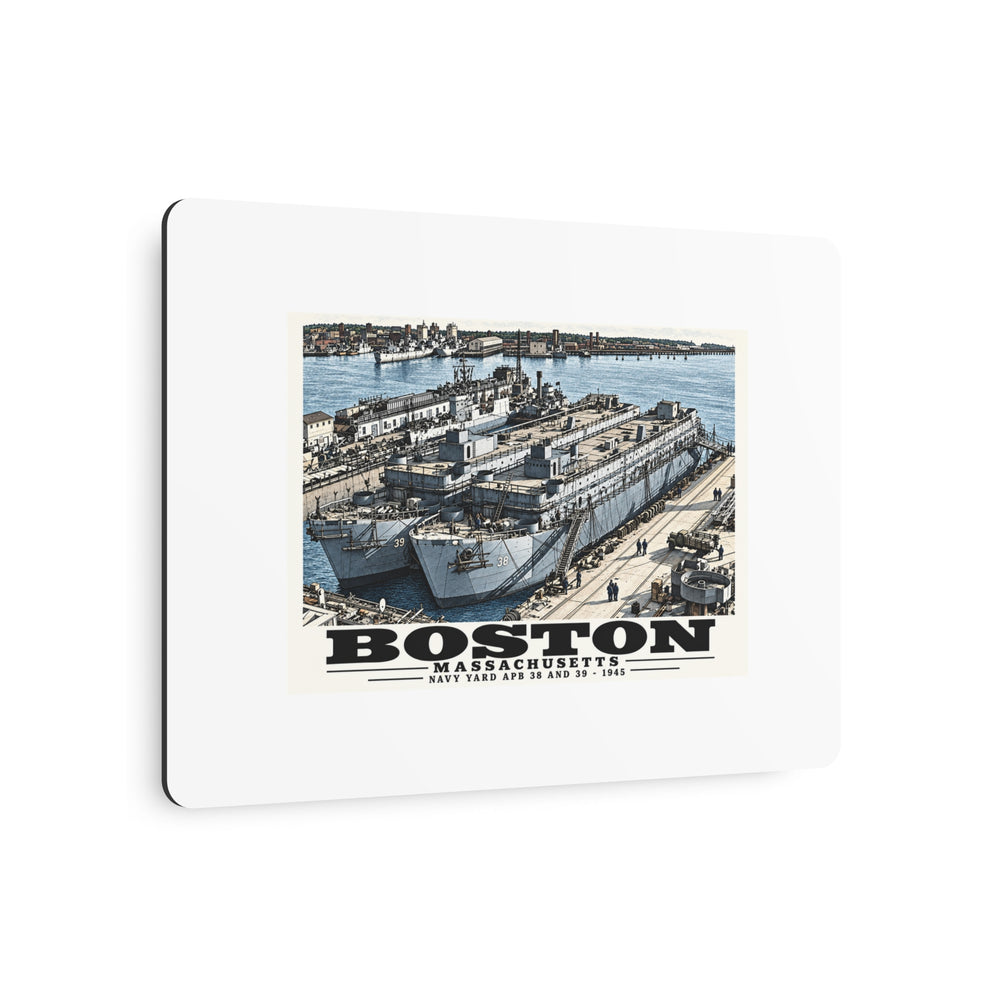Illustrated APB-38 and APB-39 at Boston Navy Yard in Charlestown on metal art sign