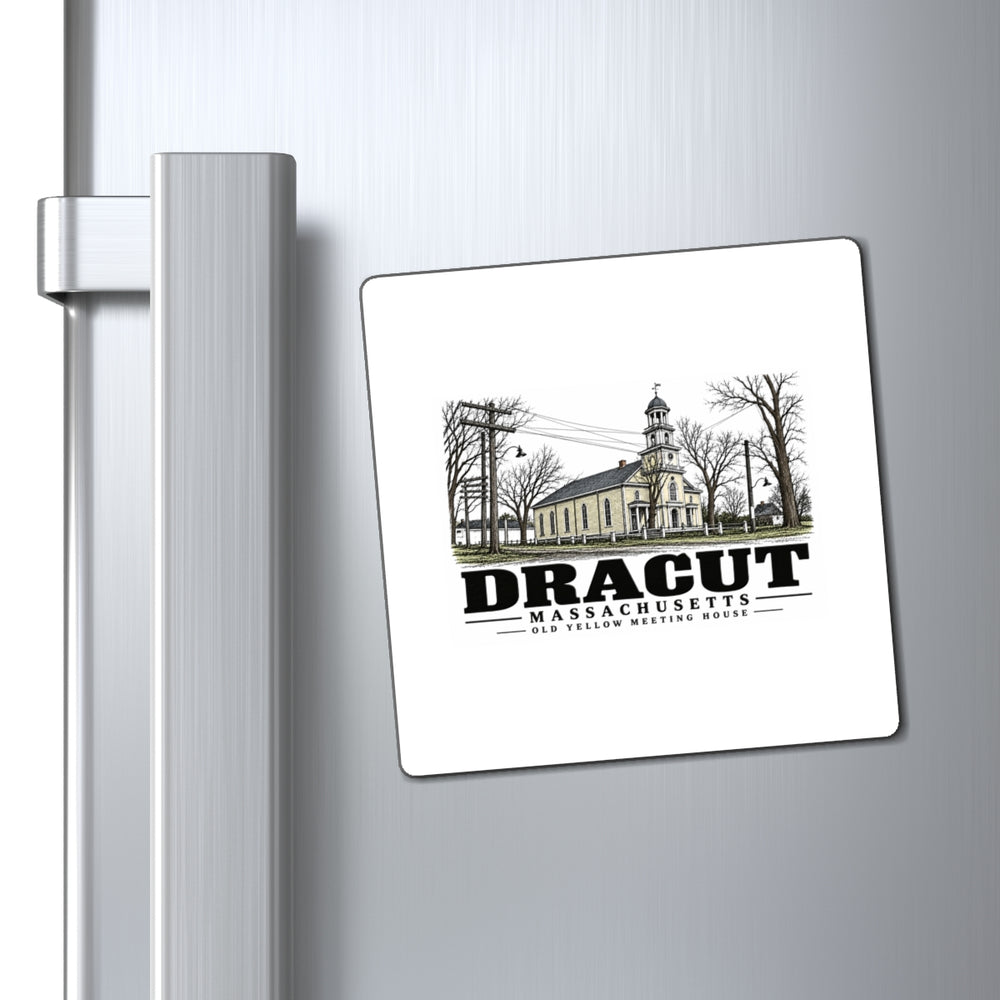 Refrigerator display of Old Yellow Meeting House square vinyl magnet, Dracut, Massachusetts.