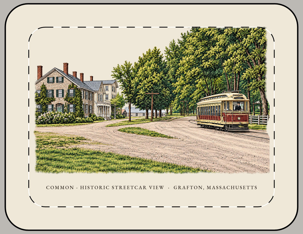 Grafton Common - Historic Streetcar View 15-inch laptop sleeve mockup showing the full illustrated print