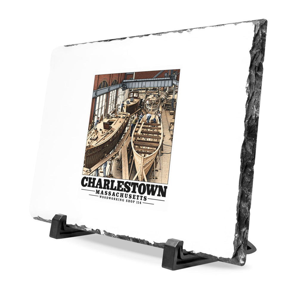 Angled small-boat building slate plaque showing chiseled edge and display stand