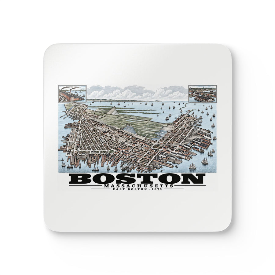 White square coaster showing East Boston bird-eye city and harbor panorama with inset views artwork and Boston lettering