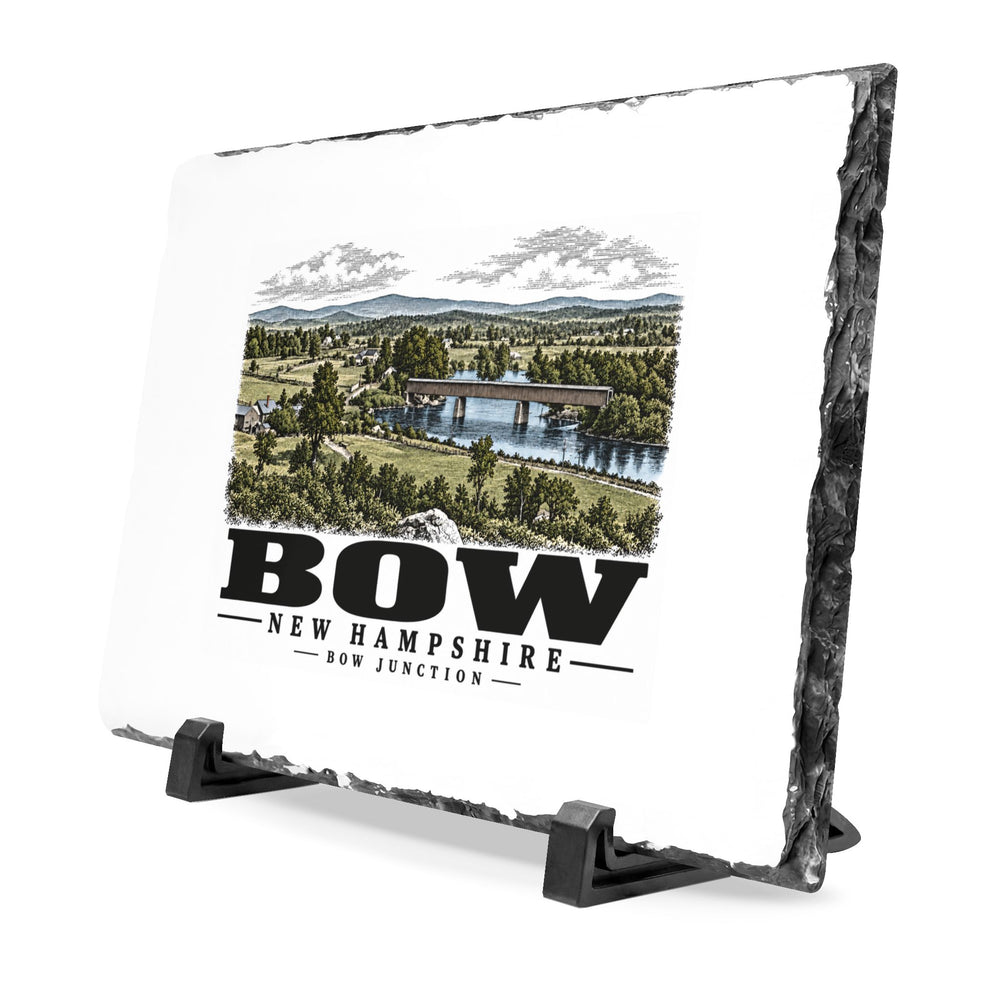 Illustrated Merrimack River and covered railroad bridge at Bow Junction in Bow on slate desk plaque