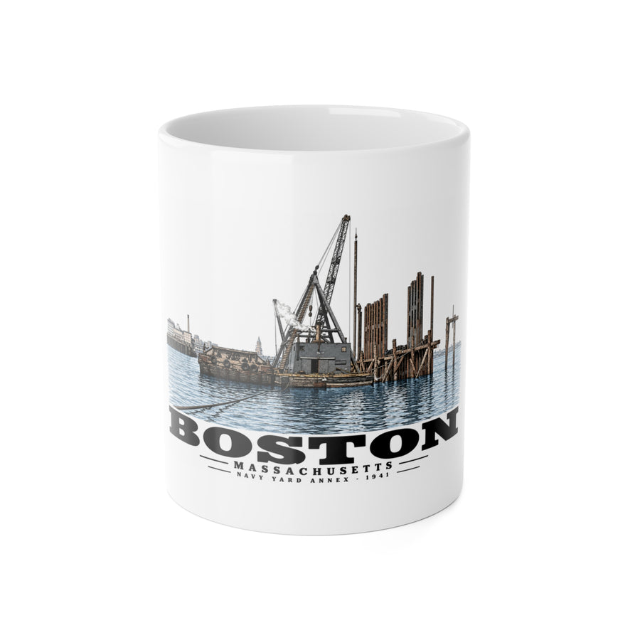 View from water of Navy Yard Annex/Dry Dock 11 oz White Ceramic Mug - Boston Harbor